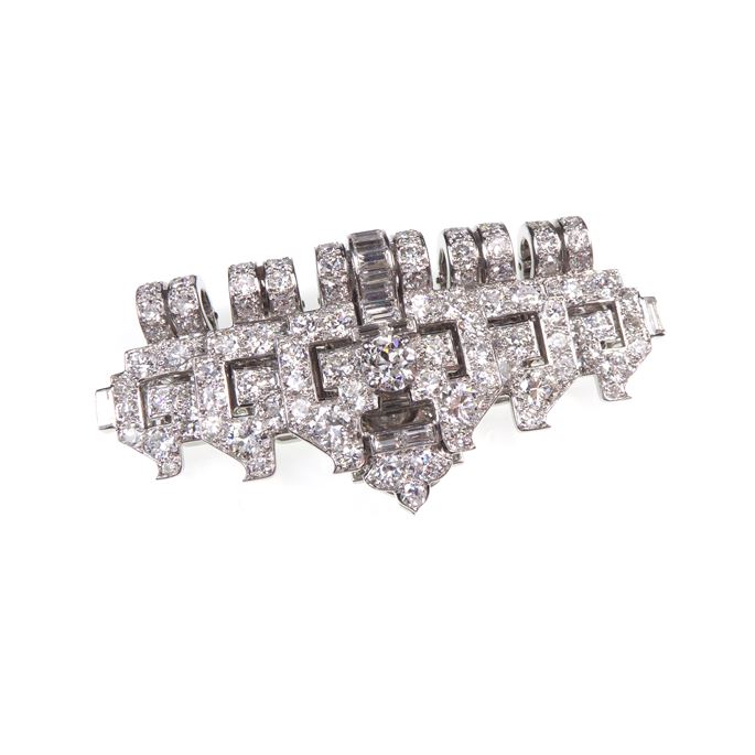   Cartier - Art Deco diamond bar clip brooch formed of stepped geometric Chinoiserie scrolls | MasterArt